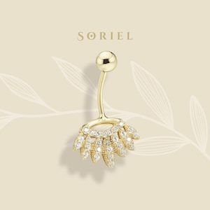 14K Solid Gold CZ Seven Leaves Belly Ring Button Belly Body Dainty Navel Real Gold Everyday Clicker Threaded Jewelry Barbell Ring Piercing