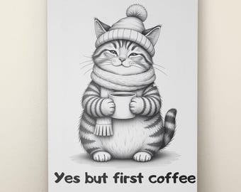 Cute Coffee Cat Poster Cat Illustration Print Instant Digital Download