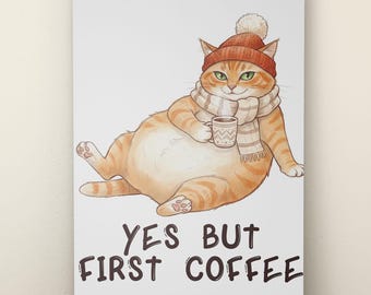 Cat Coffee Print Cute Kitchen Art Coffee Lover Digital Poster