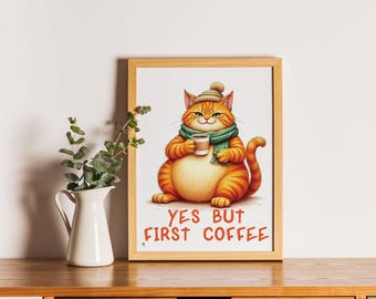 Funny Coffee Cat Art Print, Kitchen Coffee Bar Decor (Digital Download)