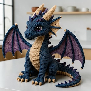 May include: A handcrafted crochet dragon toy featuring a deep blue body, a light beige underbelly, and matching beige horns. The dragon has large purple eyes, purple-accented wings, and a long tail with small spikes running along its back.