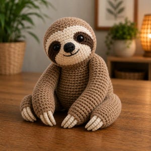May include: A crocheted sloth soft toy featuring a light brown body, a cream-coloured face, and dark brown patches around its black plastic eyes. The sloth has a small black nose, a stitched smile, and cream-coloured claws on its four limbs.