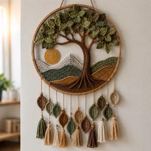 May include: A circular wooden hoop wall hanging featuring a crocheted landscape with a large brown tree, green foliage, a yellow sun, and layered hills. Below the hoop, multiple strands hang down, each decorated with crocheted leaves and tassels.
