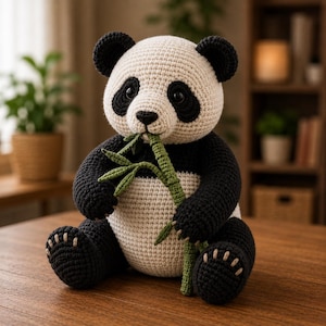 May include: A crocheted panda bear toy featuring a cream-colored face and belly with black limbs, ears, and eye patches. The panda is holding a green crocheted bamboo stalk in its paws, with small light-colored stitches detailing its feet.