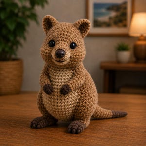 Puede incluir: Un peluche de quokka tejido a ganchillo con un cuerpo texturizado de color marrón claro, vientre crema, patas de color marrón oscuro y una cola de color marrón oscuro. La figura tiene grandes ojos negros de plástico, una nariz pequeña y oscura y orejas redondeadas.