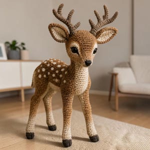 May include: A crocheted deer figurine featuring a brown body with white spots on its back, a cream-colored chest and underbelly, dark brown antlers, and dark brown hooves. The deer has large black eyes and a small black nose, standing upright.