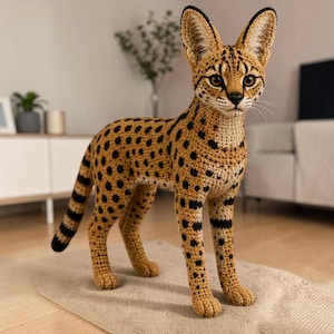 May include: A crocheted serval cat figurine featuring a tan body with black spots, large upright ears with black tips, dark eyes, and a long tail with black bands. The yarn texture is visible throughout the entire body of the standing cat figure.