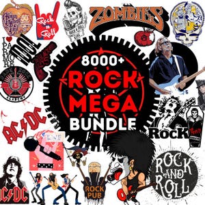 Op de afbeelding: Een verzameling stickers en afbeeldingen met rock-'n-roll-thema. De centrale afbeelding toont de tekst "8000+ ROCK MEGA BUNDLE" in rood en wit. Andere afbeeldingen zijn bandlogo's, gitaren en de woorden "Rock and Roll".