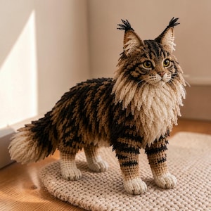 May include: A handcrafted crochet Maine Coon cat figurine featuring a brown, black, and cream-colored striped coat. The plush figure displays long, textured yarn fur, pointed ears with tufts, and a bushy tail, standing in a realistic pose.
