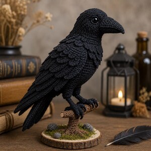 May include: A black crocheted raven figurine perched on a small brown textured branch. The bird features detailed layered wing feathers and a smooth beak. It stands on a circular wooden base decorated with green moss and small gray stones.