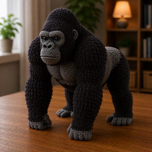 May include: A handcrafted crochet gorilla figurine featuring dark charcoal yarn for the body and light grey yarn for the face, chest, and hands. The plush toy stands in a quadrupedal stance with detailed stitching and dark, round plastic eyes.