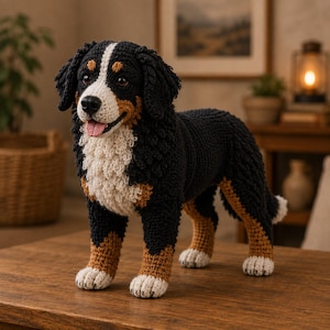 May include: A crocheted Bernese Mountain Dog figurine featuring a black, white, and tan colour pattern. The plush toy has a white blaze on its face, a white chest, tan markings above the eyes and on the legs, and white paws with a pink tongue.
