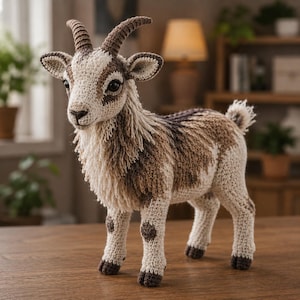 May include: A handcrafted crochet goat figurine featuring a mix of cream, tan, and dark brown yarn. The goat has textured, shaggy neck fur, two curved horns, dark eyes, and small dark brown hooves, standing in a realistic, alert pose.