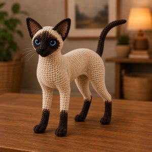 May include: A crocheted Siamese cat figurine featuring a cream-colored body with dark brown points on the ears, face, legs, and tail. The cat has bright blue eyes, a dark brown nose, and long white whiskers, standing in a poised, upright position.