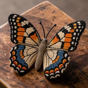 May include: A crocheted butterfly ornament featuring a tan body and two antennae with black tips. The wings display a detailed pattern of black, cream, orange, and blue yarn, with small white spots along the outer edges of the black wing borders.