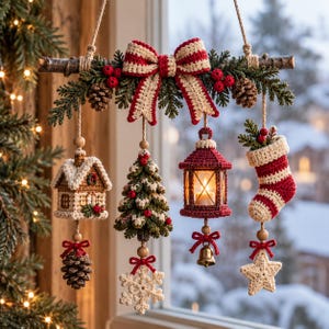 May include: A decorative wall hanging featuring a horizontal wooden branch adorned with crocheted pine branches, red berries, pinecones, and a red and white striped bow. Four crocheted ornaments hang below: a house, a tree, a lantern, and a stocking.