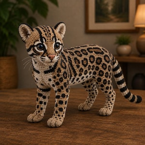 May include: A handcrafted crochet ocelot plush toy featuring a tan body with dark brown and black rosettes, spots, and stripes. The figure has large dark eyes, a pink nose, pointed ears, and a long tail, standing in a realistic feline pose.