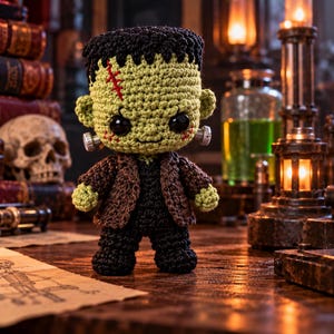 Pode incluir: Uma boneca de crochê com cabeça verde-clara, cabelo preto, cicatrizes vermelhas costuradas e grandes olhos pretos. A boneca veste uma jaqueta marrom sobre uma camisa e calças pretas, com parafusos prateados nas laterais do pescoço.