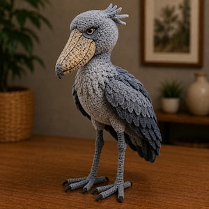 Op de afbeelding: Een handgemaakt gehaakt schoenbekooievaar-figuurtje met een grijs getextureerd lichaam, gelaagde vleugelveren, een grote gespikkelde beige snavel en donkergrijze poten. De vogel heeft een kuif van veren en gedetailleerd gestikte ogen.