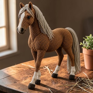 Puede incluir: Una figura de caballo de ganchillo marrón con una mancha blanca en la cara, una larga crin y cola de hilo gris claro, y patas inferiores blancas que terminan en cascos de color marrón oscuro. El caballo está hecho con puntadas de hilo visibles.