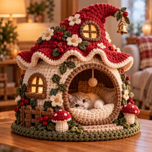 Op de afbeelding: Een gehaakt kattenbed in de vorm van een huisje met een rood dak, witte muren en een grote ronde ingang. De structuur is voorzien van decoratieve witte bloemen, groene bladeren, rode bessen, twee kleine paddenstoelen en een hangende gouden bel.