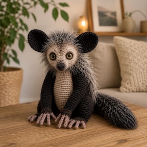 May include: A crocheted stuffed animal resembling an aye-aye with large round eyes, prominent dark ears, and a long bushy tail. The creature features a black and beige color scheme with textured, spiky-looking yarn fibers around the head and neck.