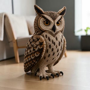 Pode incluir: Uma figura de coruja feita à mão em crochê, com um padrão de plumagem detalhado em tons de castanho, bege e creme. A coruja tem olhos grandes de cor âmbar, um bico escuro e garras texturizadas, numa postura vertical e realista.