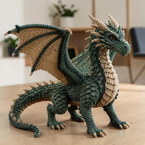 Pode incluir: Uma figura de dragão em crochê com corpo verde-escuro de escamas texturizadas, asas bege e espinhos da mesma cor ao longo das costas e da cabeça. A criatura tem olhos cor de âmbar e está em posição ereta com as asas abertas.