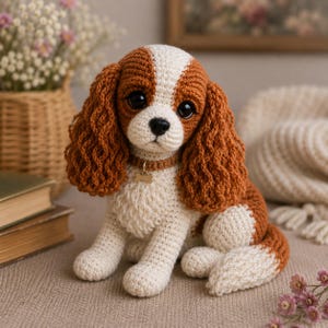 Può includere: Un peluche lavorato all'uncinetto a forma di cane Cavalier King Charles Spaniel. Il giocattolo presenta filato marrone e bianco, lunghe orecchie ondulate, grandi occhi neri in plastica, un naso nero e un collare marrone con una piccola targhetta dorata a forma di osso.