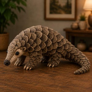 May include: A crocheted pangolin figurine featuring a layered, scale-like texture in shades of brown and tan. The creature has a long, curved tail, four short legs with visible claws, a pointed snout with a dark nose, and two round black eyes.