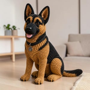 Könnte beinhalten: Eine gehäkelte Deutsche Schäferhund-Figur mit einem Muster aus schwarzem und hellbraunem Garn, aufrechten spitzen Ohren, einem schwarzen Halsband mit einer silberfarbenen runden Marke mit Pfotenabdruck und offenem Maul.