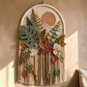 May include: A wall hanging featuring a crocheted arch with a sun and various botanical elements including monstera leaves, ferns, and foliage in shades of green, rust, and cream. The piece includes hanging yarn tassels and small leaf accents.