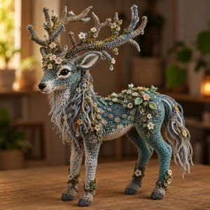 Könnte beinhalten: Eine gehäkelte Hirschfigur in Blau- und Grautönen mit kunstvollem Geweih aus Garn, das mit kleinen weißen Blüten und klaren Kristallakzenten verziert ist. Der Körper ist mit floralen Motiven, grünen Blättern und langen Garnsträhnen geschmückt.