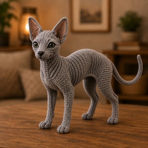 May include: A grey crocheted Sphynx cat figurine with a textured yarn surface, large pointed ears with pinkish inner detailing, and green eyes. The cat stands on four legs with a long, slender tail curved upward, showcasing detailed stitching.