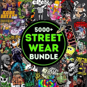 May include: A collection of colorful streetwear-themed stickers and graphics. The image features a central green circle with the text "5000+ STREET WEAR BUNDLE" in white. Various designs include cartoon characters, skulls, and graffiti art.