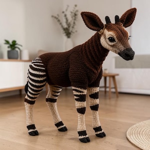 May include: A handcrafted crochet okapi figurine featuring a dark brown body, a cream-colored face, and distinct black and white horizontal stripes on its hindquarters and legs. The plush animal has large pointed ears, small ossicones, and dark hooves.