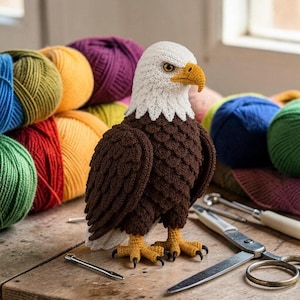 Può includere: Una statuetta di aquila calva all'uncinetto con testa bianca, corpo marrone scuro e becco e artigli gialli. L'aquila è posizionata tra vari gomitoli di lana colorati, un paio di forbici in metallo e un piccolo ago da cucito.