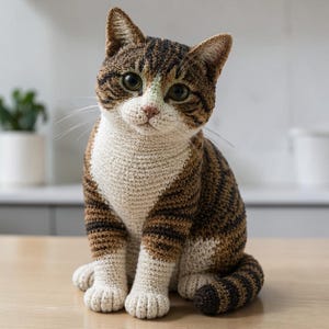 Puede incluir: Una figura de gato tejida a ganchillo a mano con un patrón de rayas atigradas marrones y negras en la espalda y la cabeza, con el pecho, el vientre y las patas de color crema sólido. El gato tiene ojos grandes y oscuros, una nariz pequeña y rosada y largos bigotes blancos.