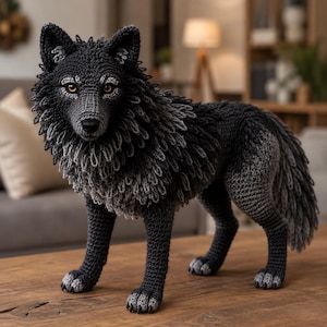 Könnte beinhalten: Eine handgefertigte Häkelfigur eines Wolfes aus dunkelgrauem und schwarzem Garn mit texturierten, geschichteten Fell-Details. Der Wolf hat bernsteinfarbene Augen, spitze Ohren und hellgraue Akzente an den Pfoten und am Hals.