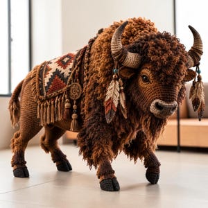 May include: A brown crocheted bison figurine featuring a textured shaggy coat, curved horns, and a decorative saddle blanket with geometric patterns. The bison is adorned with dangling feather-shaped accents and small beads hanging from its horns.