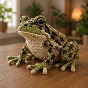 May include: A crochet frog figurine featuring a textured green and beige yarn body with dark brown spots. The frog has large, round, black eyes with gold-coloured irises, a wide mouth, and four splayed feet with small, light-coloured tips on each toe.