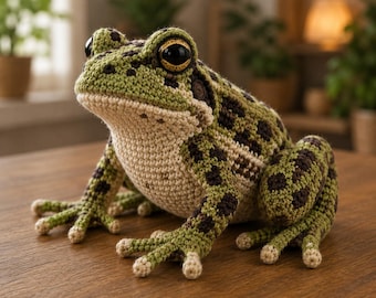 May include: A crochet frog figurine featuring a textured green and beige yarn body with dark brown spots. The frog has large, round, black eyes with gold-colored irises, a wide mouth, and four splayed feet with small, light-colored tips on each toe.