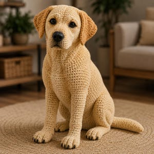 May include: A handcrafted crochet Labrador retriever dog figurine in a light tan color. The plush toy features a textured yarn surface, dark brown eyes, and a black nose. It is depicted in a seated position with its tail extended to the side.