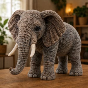 May include: A crochet elephant stuffed animal crafted from grey yarn with large textured ears, a long trunk, and two cream-colored tusks. The toy features dark round eyes and detailed stitching on the feet, standing on a flat wooden surface.