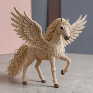 Puede incluir: Una figura de pegaso tejida a ganchillo en color beige con alas grandes y detalladas, una crin fluida y una cola larga y texturizada. El caballo tiene cascos de color marrón oscuro y un hocico definido, creado con puntadas intrincadas.