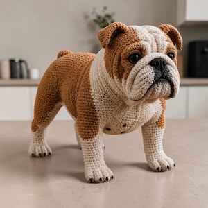May include: A handcrafted crochet bulldog figurine featuring a textured brown and cream yarn pattern. The stuffed animal has a detailed face with dark eyes, a black nose, and characteristic skin folds, standing on four legs with small black claws.
