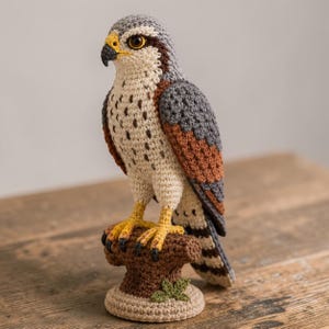 May include: A crochet falcon figurine featuring a grey head, white chest with brown speckles, and brown wings. The bird has a yellow beak and talons, and it is perched on a textured brown stump base with a small green leaf detail at the bottom.