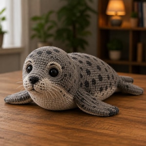 Op de afbeelding: Een gehaakte zeehond knuffel in grijs en crème met donkergrijze vlekken, grote zwarte plastic ogen en een kleine zwart geborduurde neus. Het knuffeldier heeft een gedetailleerde garentextuur, zichtbare snorharen en voorvinnen die naar voren steken.
