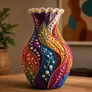May include: A decorative vase featuring a complex, multi-colored crochet exterior. The surface displays swirling, leaf-like patterns in vibrant shades of purple, blue, orange, yellow, and green, accented with small, white, raised floral-like knots.