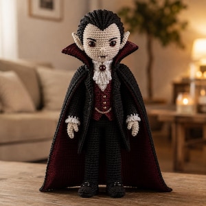 Könnte beinhalten: Eine gehäkelte Vampirpuppe mit einem schwarzen Umhang mit dunkelrotem Futter, einer dunkelroten Weste mit goldenen Knöpfen, einem weißen Rüschen-Jabot mit einem roten Edelstein und einer schwarzen Hose. Die Puppe hat helle Haut, dunkles Haar und spitze Ohren.